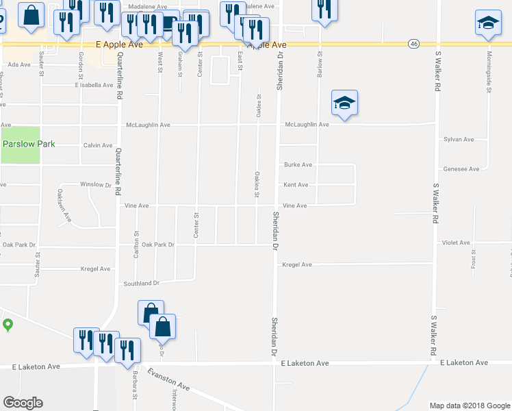 map of restaurants, bars, coffee shops, grocery stores, and more near 2349 Vine Avenue in Muskegon