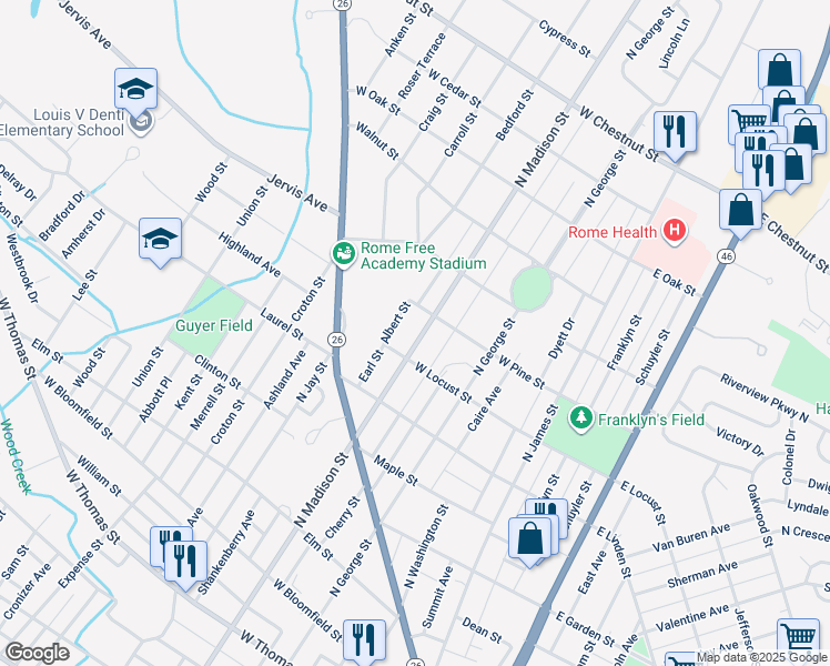 map of restaurants, bars, coffee shops, grocery stores, and more near 1111 North Madison Street in Rome