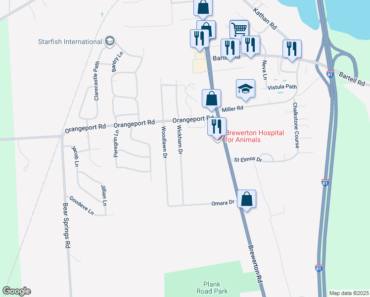 map of restaurants, bars, coffee shops, grocery stores, and more near 9446 Wickham Drive in Brewerton