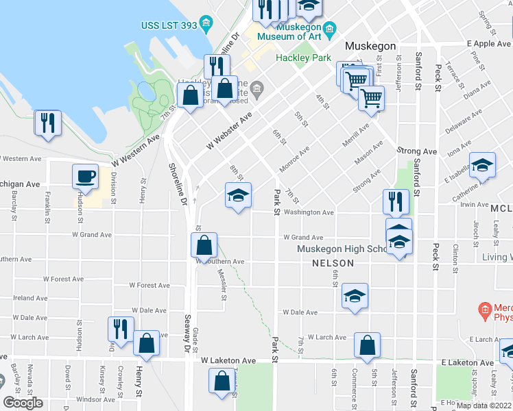 map of restaurants, bars, coffee shops, grocery stores, and more near 1408 8th Street in Muskegon