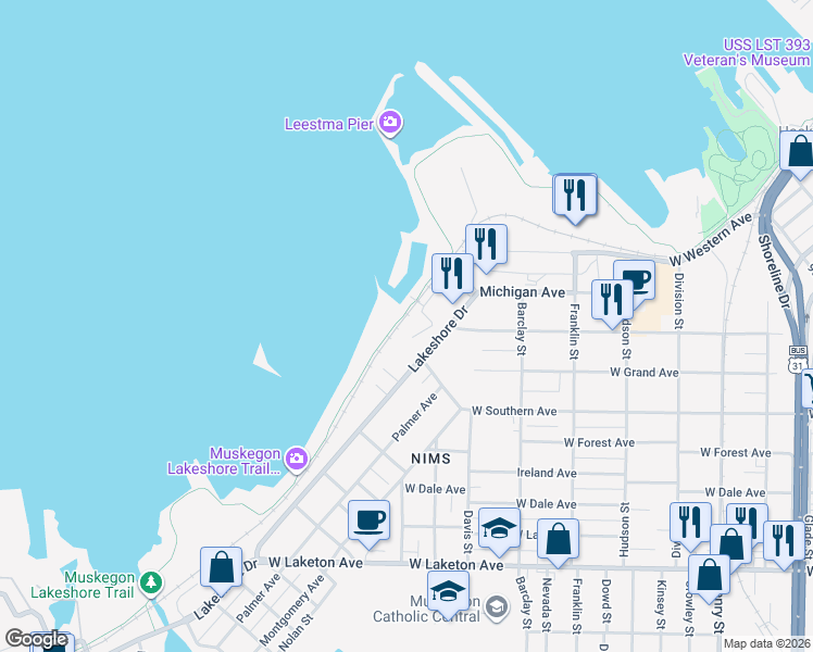 map of restaurants, bars, coffee shops, grocery stores, and more near 1406 Lakeshore Court in Muskegon