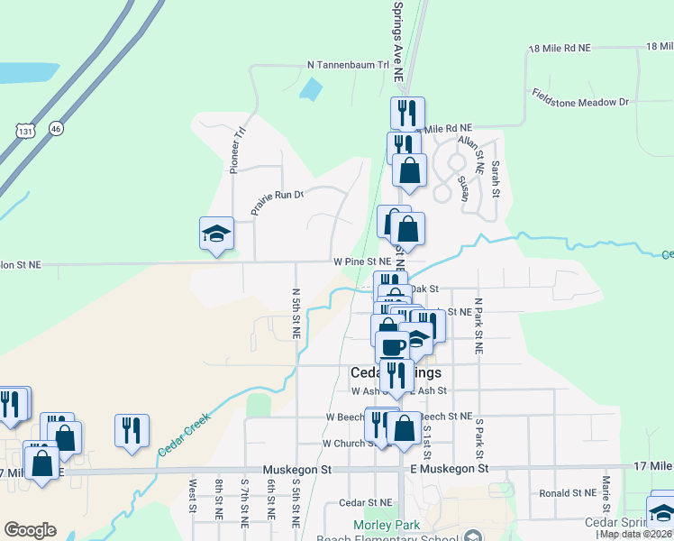 map of restaurants, bars, coffee shops, grocery stores, and more near 118 West Pine Street Northeast in Cedar Springs