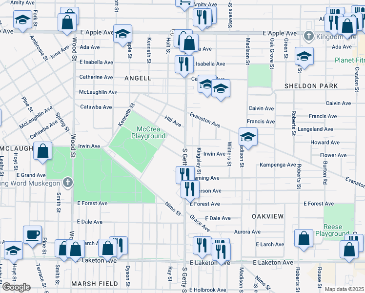 map of restaurants, bars, coffee shops, grocery stores, and more near 795 Catawba Avenue in Muskegon