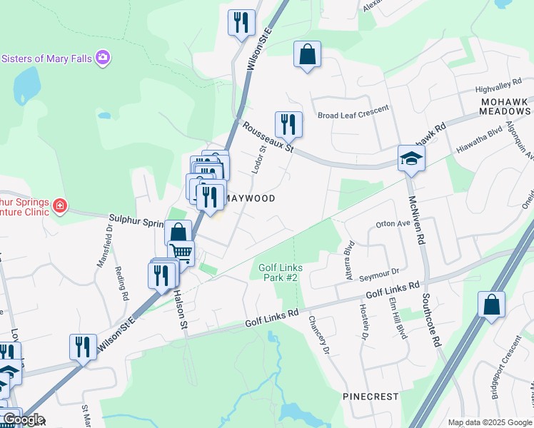 map of restaurants, bars, coffee shops, grocery stores, and more near 77 Hill Crest in Hamilton