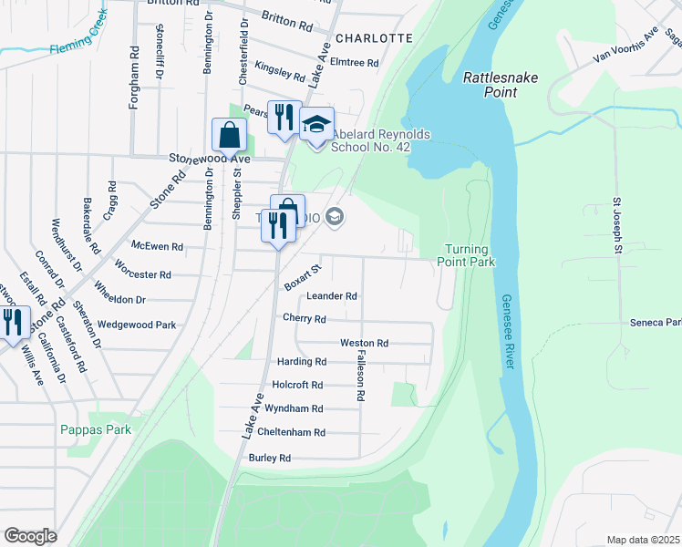 map of restaurants, bars, coffee shops, grocery stores, and more near 28 Thacker Street in Rochester