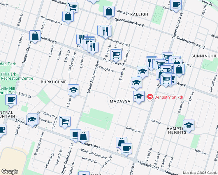 map of restaurants, bars, coffee shops, grocery stores, and more near 322 East 33rd Street in Hamilton