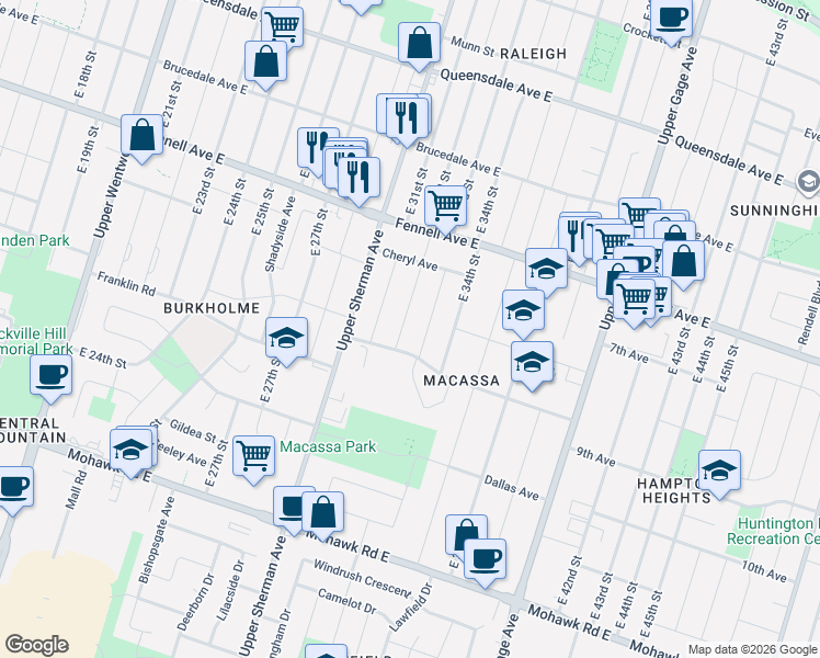 map of restaurants, bars, coffee shops, grocery stores, and more near 322 East 33rd Street in Hamilton