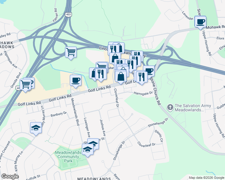 map of restaurants, bars, coffee shops, grocery stores, and more near 990 Golf Links Road in Hamilton