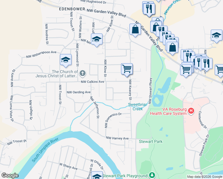 map of restaurants, bars, coffee shops, grocery stores, and more near 1516 Northwest Almira Street in Roseburg