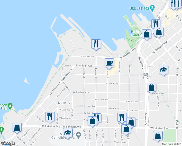 map of restaurants, bars, coffee shops, grocery stores, and more near 1072 Washington Avenue in Muskegon