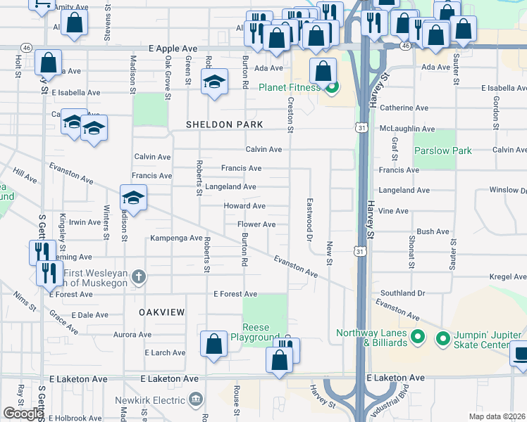 map of restaurants, bars, coffee shops, grocery stores, and more near 1339 Howard Avenue in Muskegon