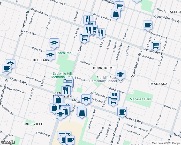 map of restaurants, bars, coffee shops, grocery stores, and more near 19 Garden Crescent in Hamilton