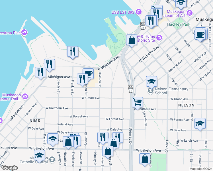map of restaurants, bars, coffee shops, grocery stores, and more near 824 Washington Avenue in Muskegon