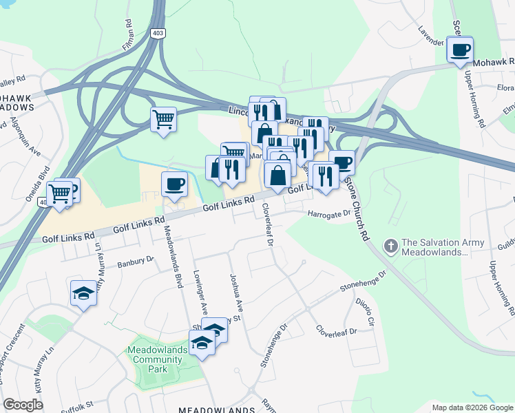 map of restaurants, bars, coffee shops, grocery stores, and more near 990 Golf Links Road in Hamilton
