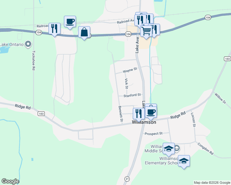 map of restaurants, bars, coffee shops, grocery stores, and more near 6265 Bennett Street in Williamson