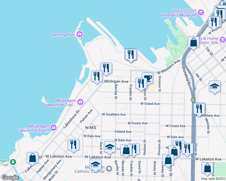 map of restaurants, bars, coffee shops, grocery stores, and more near 1136 Washington Avenue in Muskegon