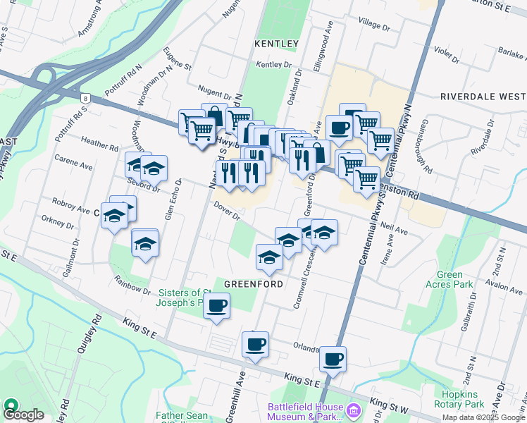 map of restaurants, bars, coffee shops, grocery stores, and more near 15 Catalina Drive in Hamilton