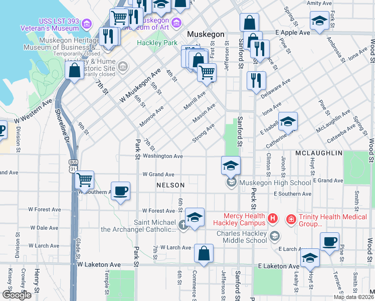 map of restaurants, bars, coffee shops, grocery stores, and more near 261 Strong Avenue in Muskegon