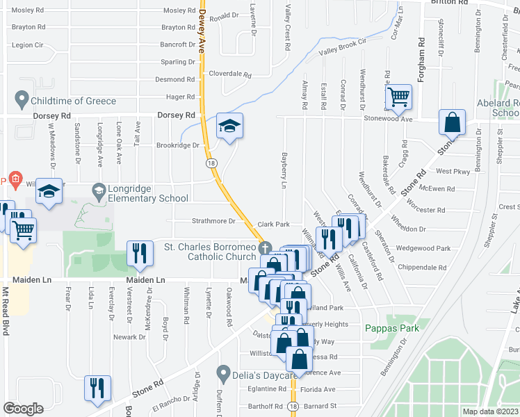map of restaurants, bars, coffee shops, grocery stores, and more near 3122 Dewey Avenue in Rochester