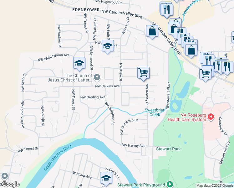 map of restaurants, bars, coffee shops, grocery stores, and more near 1515 Northwest El Dorado Street in Roseburg