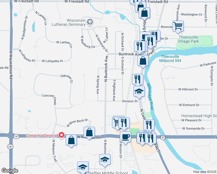map of restaurants, bars, coffee shops, grocery stores, and more near 205 South Highland Avenue in Thiensville