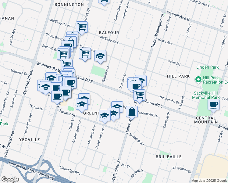 map of restaurants, bars, coffee shops, grocery stores, and more near 116 Mohawk Road East in Hamilton