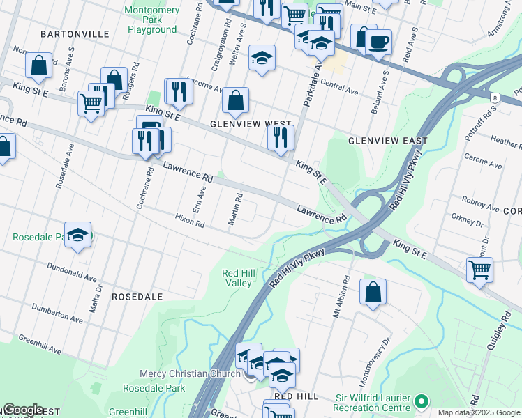 map of restaurants, bars, coffee shops, grocery stores, and more near 23 Sylvia Crescent in Hamilton