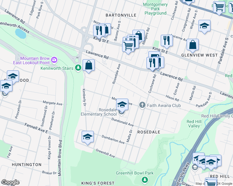 map of restaurants, bars, coffee shops, grocery stores, and more near 22 Ratcliffe Court in Hamilton