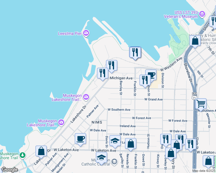 map of restaurants, bars, coffee shops, grocery stores, and more near 1196 Washington Avenue in Muskegon