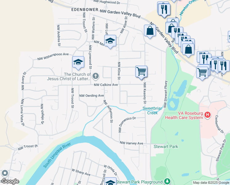 map of restaurants, bars, coffee shops, grocery stores, and more near 1515 Northwest El Dorado Street in Roseburg
