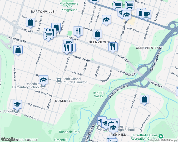 map of restaurants, bars, coffee shops, grocery stores, and more near 42 Bettina Avenue in Hamilton