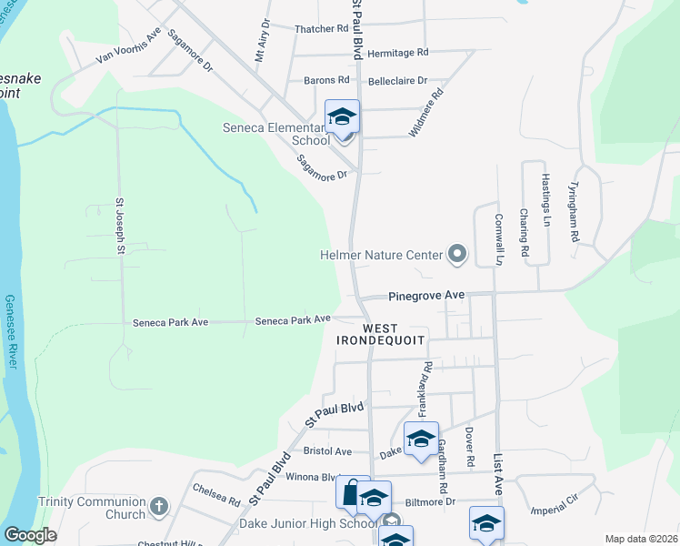 map of restaurants, bars, coffee shops, grocery stores, and more near 3931 Saint Paul Boulevard in Rochester
