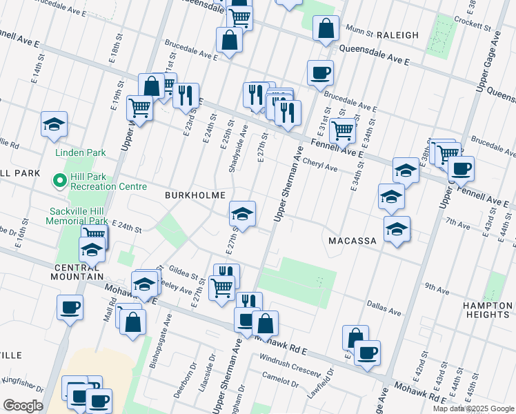 map of restaurants, bars, coffee shops, grocery stores, and more near 388 East 28th Street in Hamilton