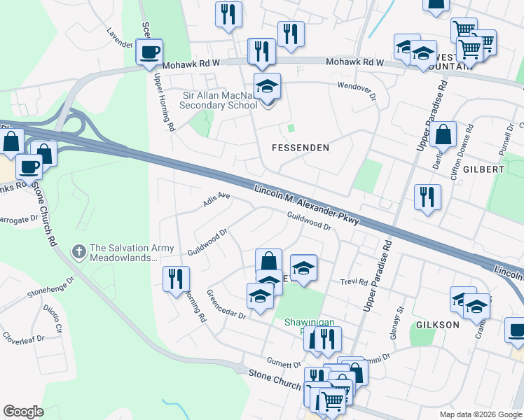 map of restaurants, bars, coffee shops, grocery stores, and more near 195 Guildwood Drive in Hamilton
