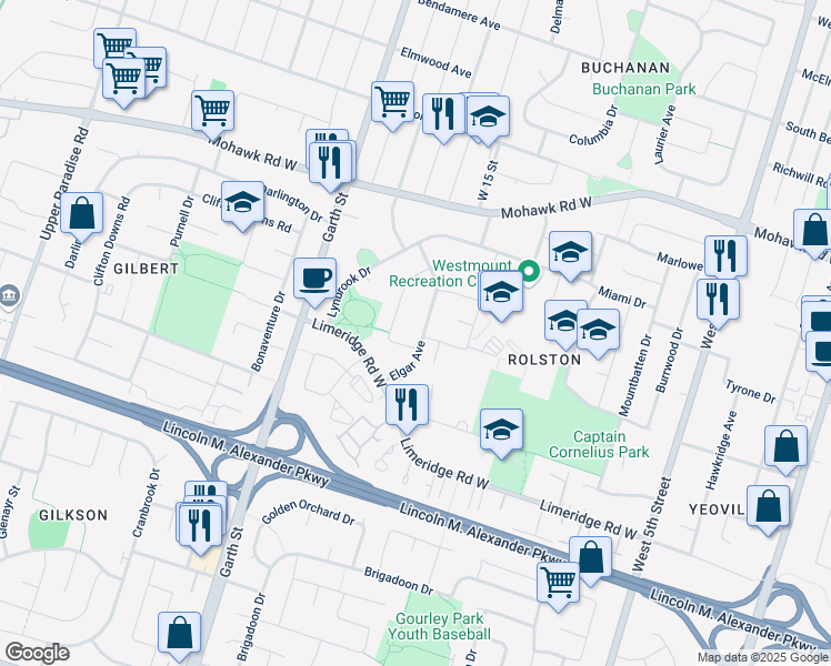 map of restaurants, bars, coffee shops, grocery stores, and more near 56 Elgar Avenue in Hamilton