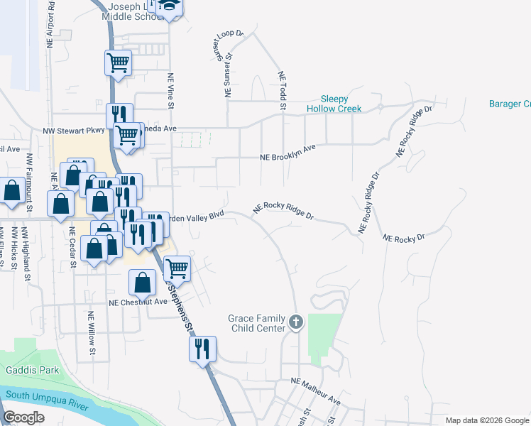 map of restaurants, bars, coffee shops, grocery stores, and more near 1447 Northeast Rocky Ridge Drive in Roseburg