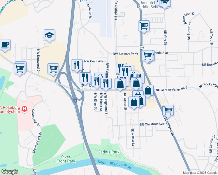 map of restaurants, bars, coffee shops, grocery stores, and more near 1421 NW Fairmount St in Roseburg