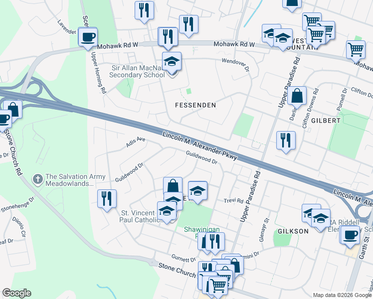 map of restaurants, bars, coffee shops, grocery stores, and more near 154 Guildwood Drive in Hamilton