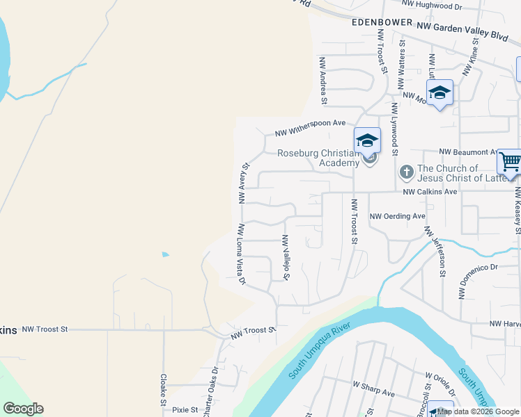 map of restaurants, bars, coffee shops, grocery stores, and more near 2375 Glenmar Drive in Roseburg