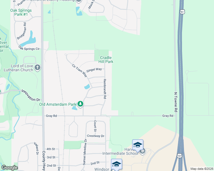 map of restaurants, bars, coffee shops, grocery stores, and more near 6918 Rembrandt Road in DeForest