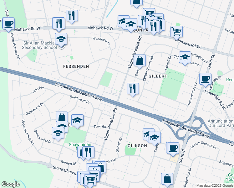 map of restaurants, bars, coffee shops, grocery stores, and more near 63 Fonthill Road in Hamilton