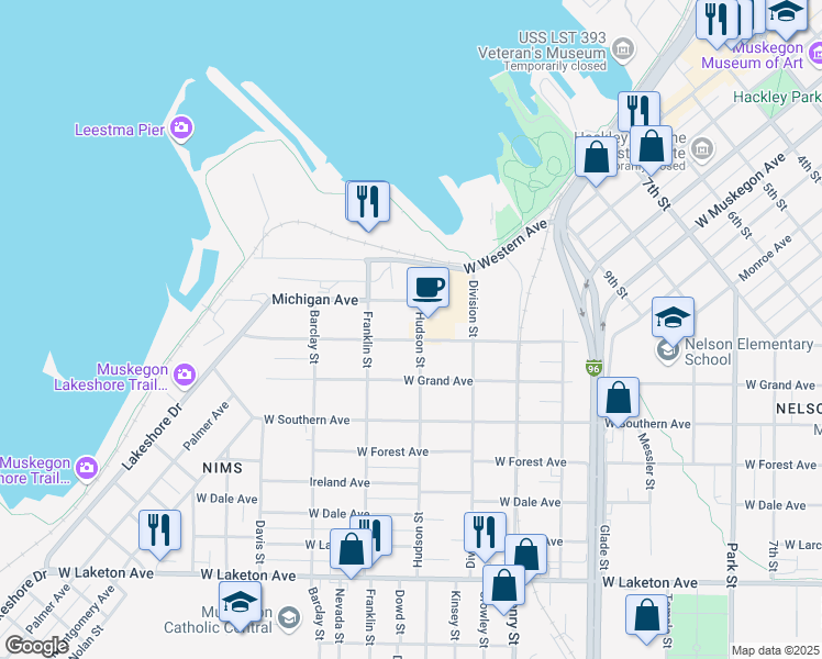 map of restaurants, bars, coffee shops, grocery stores, and more near 966 Washington Avenue in Muskegon