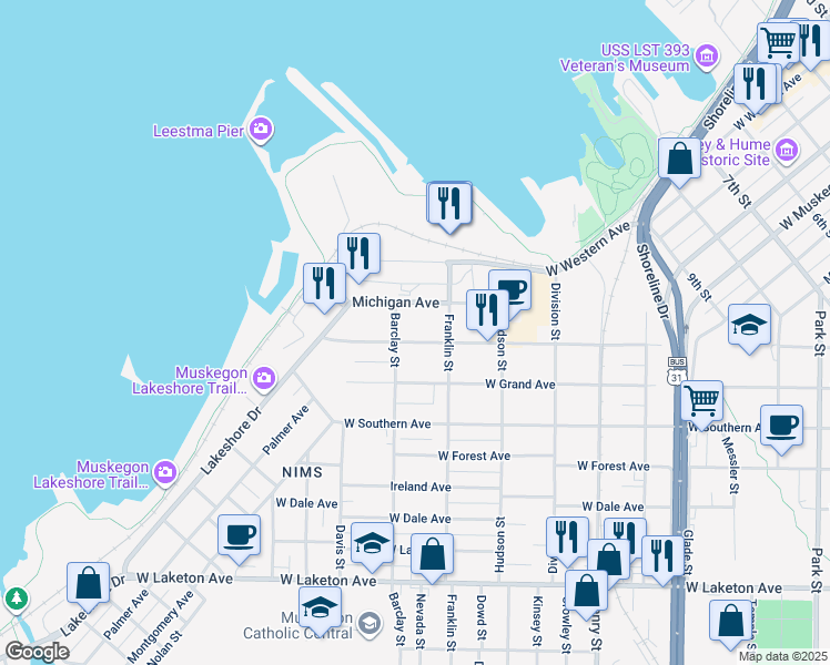 map of restaurants, bars, coffee shops, grocery stores, and more near 1072 Washington Avenue in Muskegon
