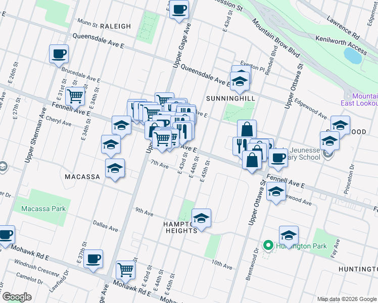 map of restaurants, bars, coffee shops, grocery stores, and more near 1010 Fennell Avenue East in Hamilton