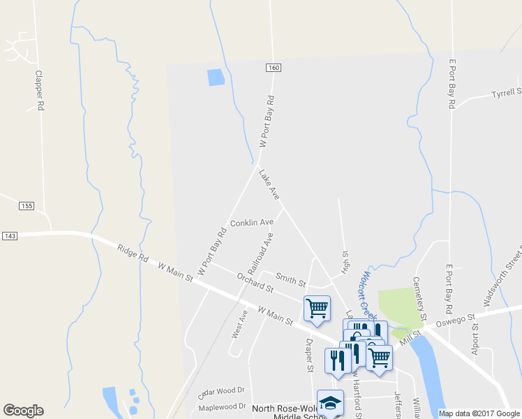 map of restaurants, bars, coffee shops, grocery stores, and more near 6235 Lake Avenue in Wolcott