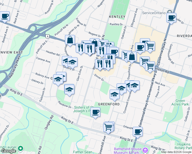 map of restaurants, bars, coffee shops, grocery stores, and more near 4 Flora Drive in Hamilton