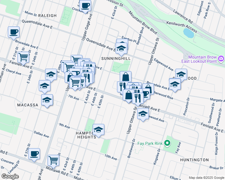 map of restaurants, bars, coffee shops, grocery stores, and more near 48 Cloke Court in Hamilton