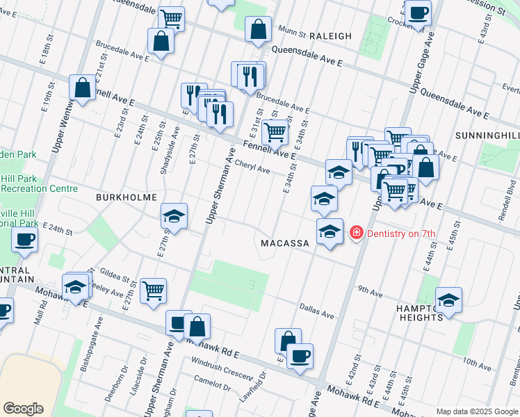 map of restaurants, bars, coffee shops, grocery stores, and more near 322 East 33rd Street in Hamilton