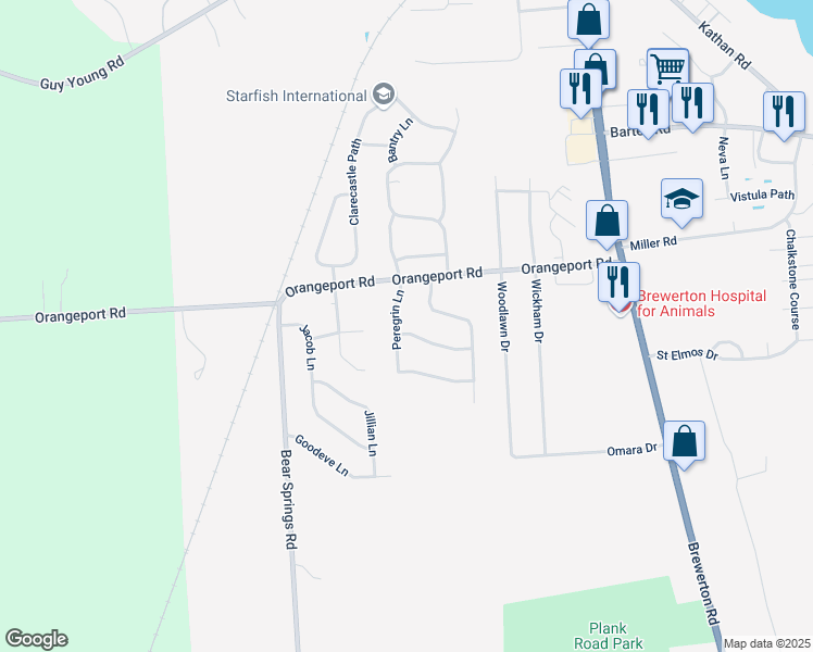 map of restaurants, bars, coffee shops, grocery stores, and more near 5347 Brandybuck Road in Brewerton