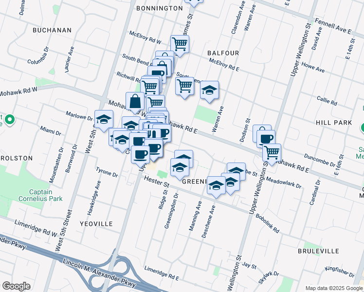 map of restaurants, bars, coffee shops, grocery stores, and more near 42 Luscombe Street in Hamilton